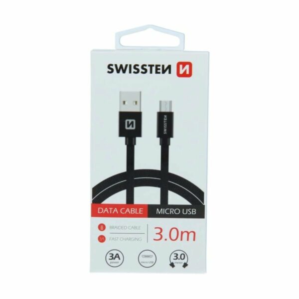 Swissten USB-A σε Micro USB Braided Καλώδιο 3A Fast Charging με Μεταλλικούς Συνδέσμους 3m 71527300 Μαύρο