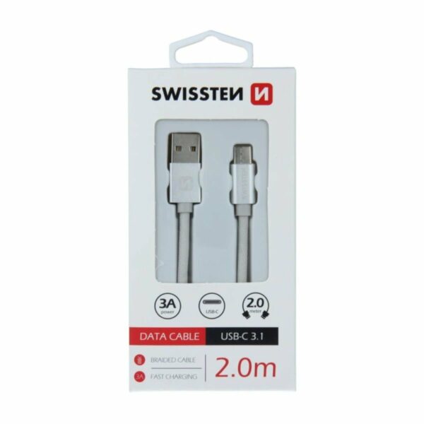 Swissten USB-A σε USB-C Braided Καλώδιο 3A με Ανοδιωμένους Συνδέσμους 2m 71521303 Ασημί