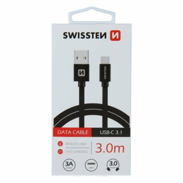 Swissten USB-A σε USB-C Braided Καλώδιο 3A με Μεταλλικούς Συνδέσμους 3m 71527900 Μαύρο
