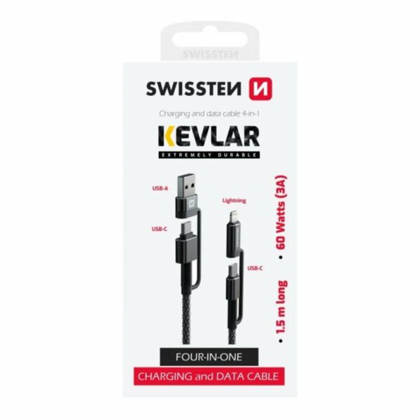 Swissten KEVLAR 4σε1 Καλώδιο Φόρτισης & Δεδομένων 60W (3A) 1,5m 74501101