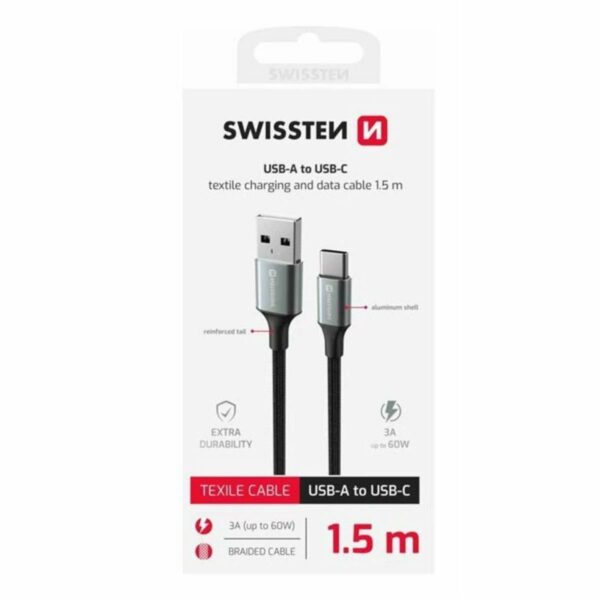 Swissten USB-A σε USB-C Braided Καλώδιο 3A (έως 60W) με Aluminum Shell 1.5m 71521309 Μαύρο