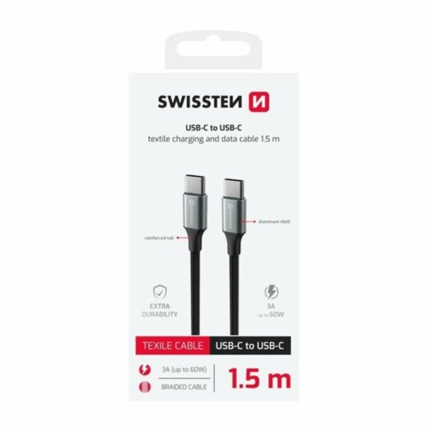 Swissten TEXTILE II Καλώδιο USB-C σε USB-C 60W (3A) με Aluminum Shell 1.5m 71528203 Μαύρο