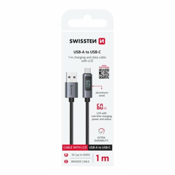 Swissten LCD Καλώδιο USB-A σε USB-C 3A έως 60W με Οθόνη Ένδειξης Ισχύος 1.5m 71551072