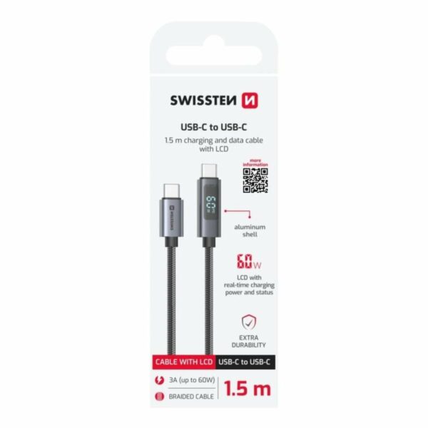 Swissten LCD Καλώδιο USB-C σε USB-C 60W με Οθόνη Ένδειξης Ισχύος 1.5m 71551074