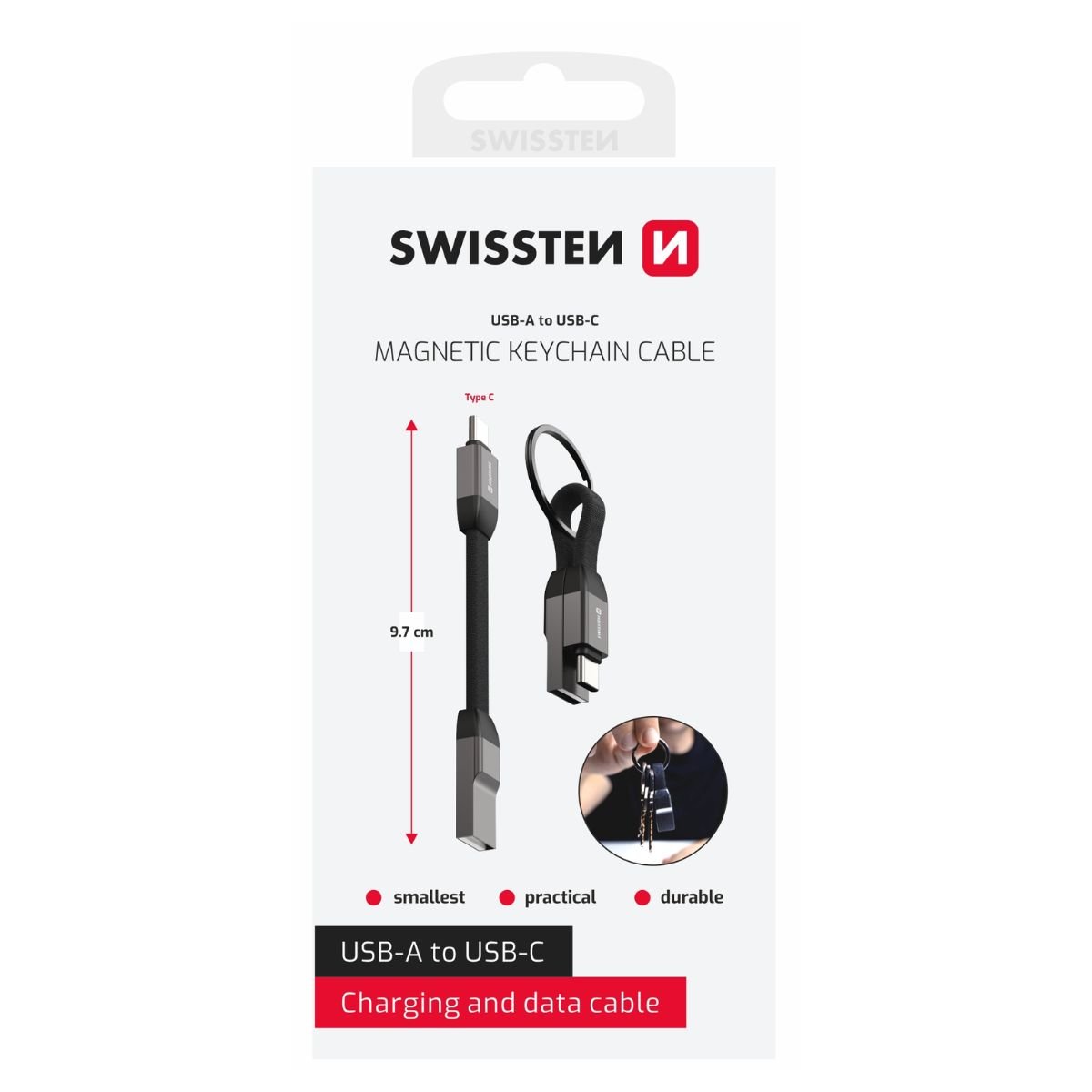 swissten-magnetic-keych-cable-usb-a-usb-c-97-cm-1 Swissten USB-A σε USB-C Magnetic Keychain Cable 15W Braided 9.7cm 1551050 Μαύρο - Image 1