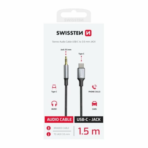 Swissten Stereo Audio Καλώδιο USB-C σε Jack 3.5mm Braided 1.5m 73502309 Μαύρο