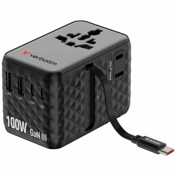 Verbatim Charger Travel Adapter 100W 2xC 2xA 1xRetractable USB-C Black