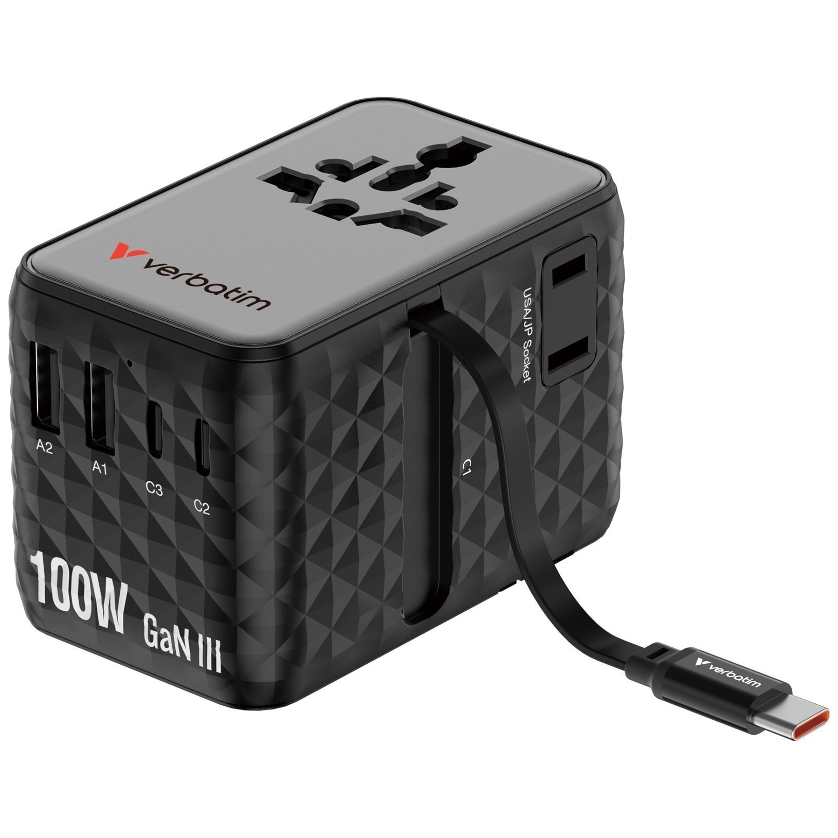 1 Verbatim Charger Travel Adapter 100W 2xC 2xA 1xRetractable USB-C Black - Image 1