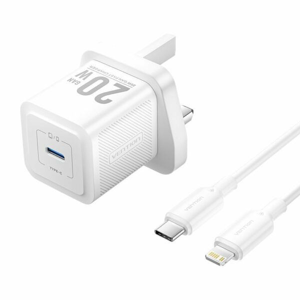 Vention Charger Wall GaN 20W 1xUSBC UK+Lightning Cable White FEPW0