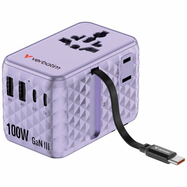 Verbatim Charger Travel Adapter 100W 2xC 2xA 1xRetractable USB-C Purple