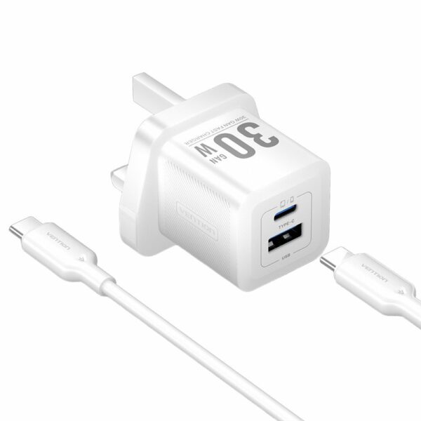 Vention Charger Wall GaN 30W 1xA 1xC+USBC Cable White TZ-FEQW0-UK-01