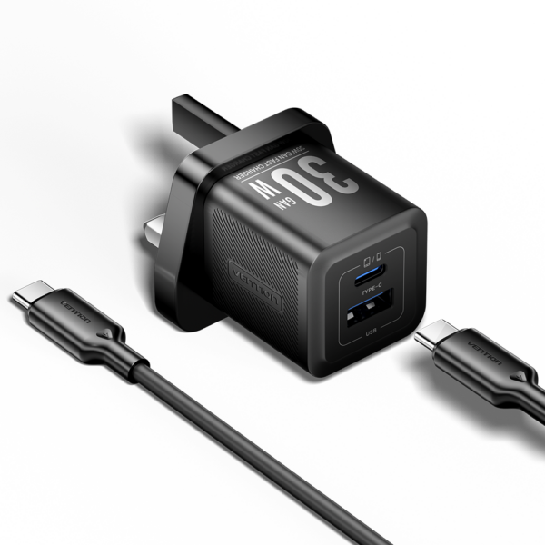 Vention Charger Wall GaN 30W 1xA 1xC+USBC Cable Black TZ-FEQB0-UK-01